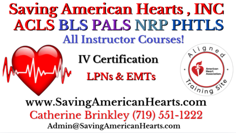 All in one day!!! AHA ACLS, BLS, and PALS September 20, 2025 Saving American Hearts, INC. *** NEW ADDRESS *** 1301 S. 8th Street Suite 116, Colorado Springs, Colorado 80905.